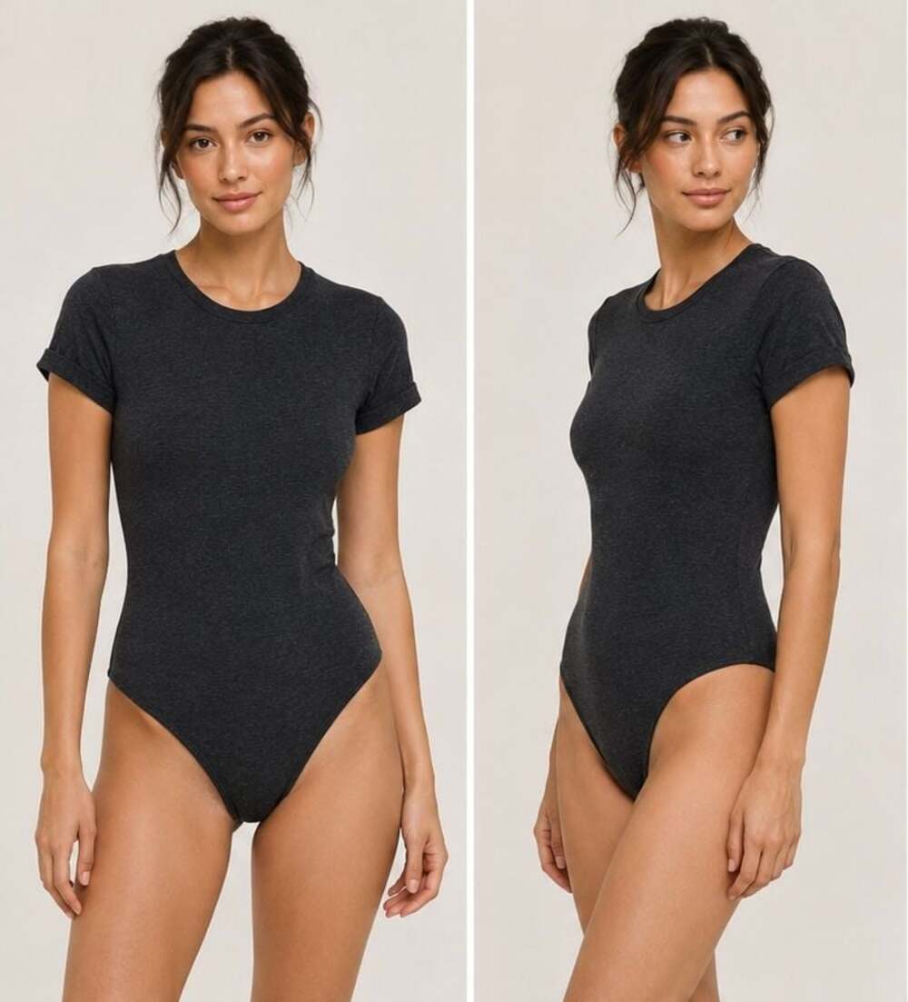 Planet Heart Short-Sleeve Ribbed Bodysuit in Heather Charcoal Grey